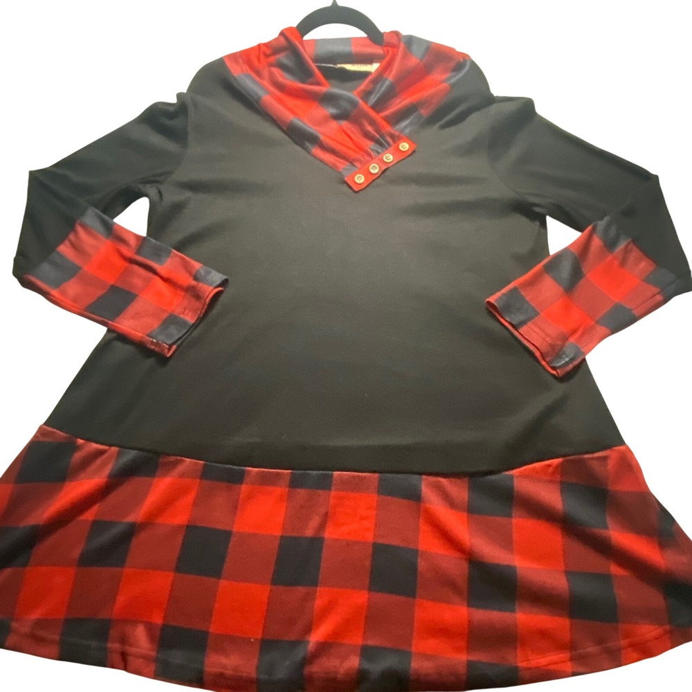 Miusey Buffalo Plaid Tunic Top Womens 2XL Black Red Cowl Neck Button Detail NEW‎